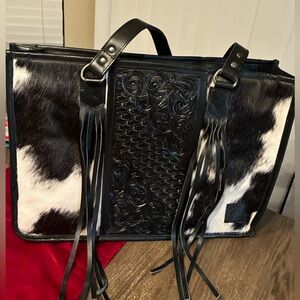 Rafter T Ranch Co.  Black Leather/cow hide hair Tote/laptop Bag